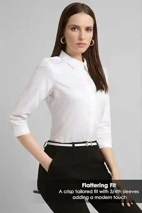 Van Heusen Women's Regular Fit Solid 3/4 Sleeve 100% Cotton Shirt
